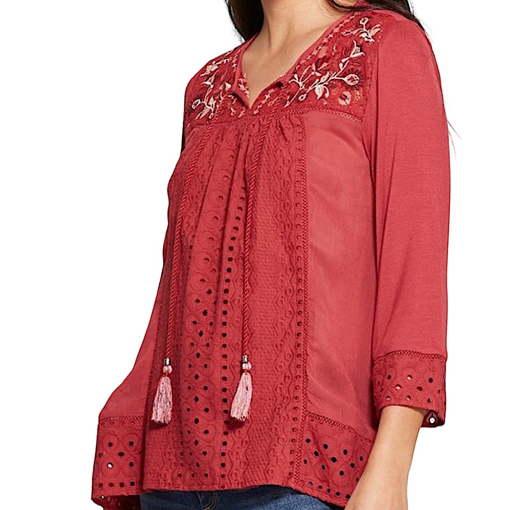 KNOX ROSE: Women’s Long Sleeve Eyelet Embroidered Peasant Blouse -Size Small